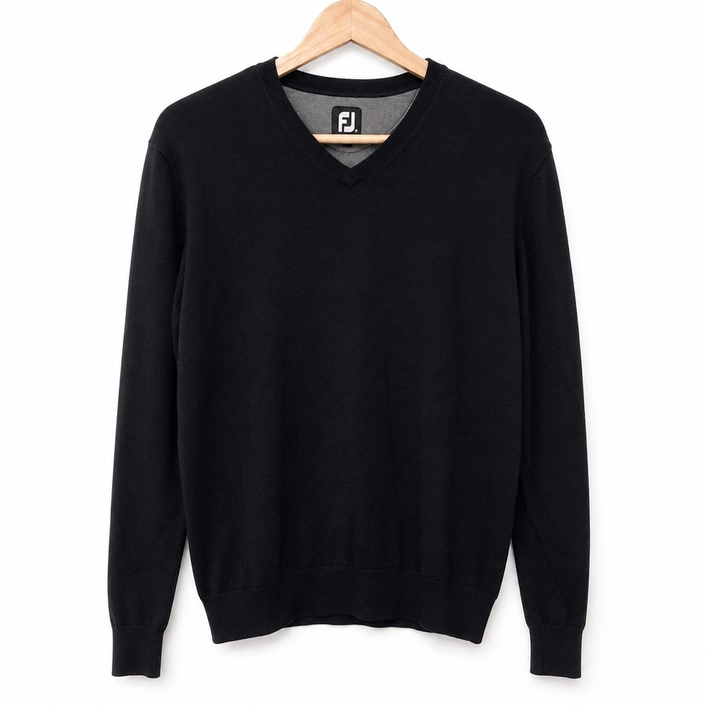 FootJoy Mens Black V-Neck 100% Wool Golf Sweater Pullover Size Medium FJ Logo